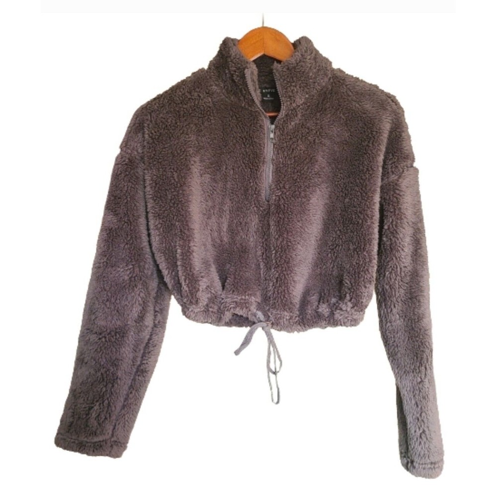 Hyfve Crop Drawstring Waist Teddy Jacket Gray Womens S - 1/2 Zipper; Super Soft!